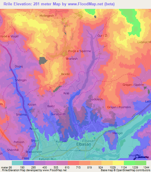 Rrile,Albania Elevation Map