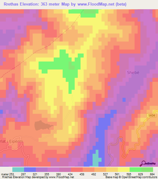 Rrethas,Albania Elevation Map