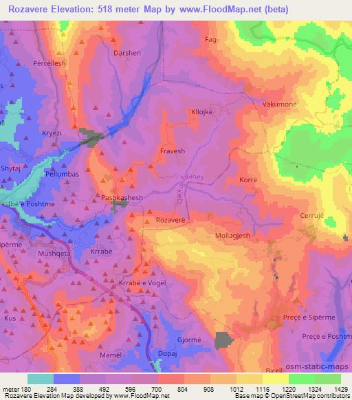 Rozavere,Albania Elevation Map