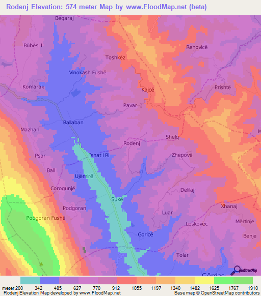 Rodenj,Albania Elevation Map