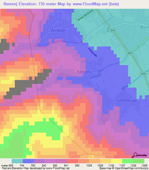 Remenj,Albania Elevation Map