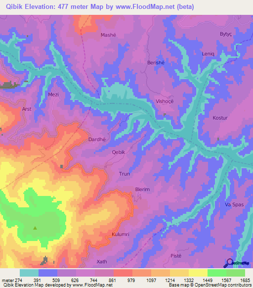 Qibik,Albania Elevation Map