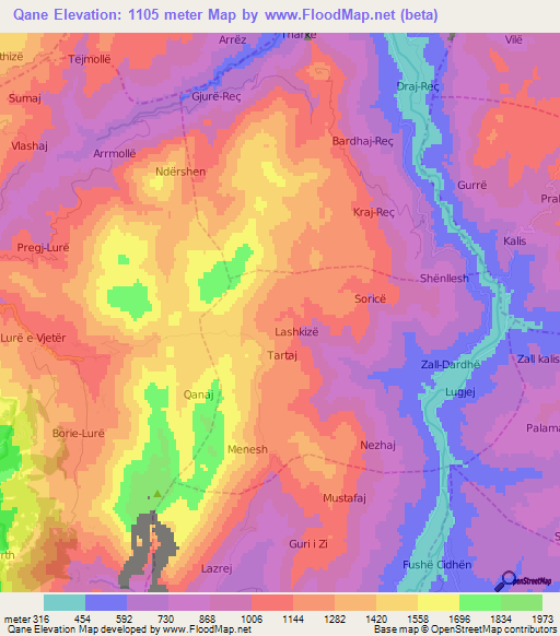 Qane,Albania Elevation Map