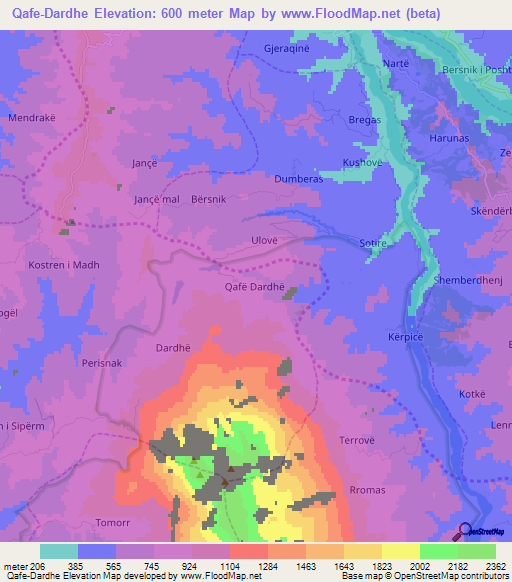 Qafe-Dardhe,Albania Elevation Map