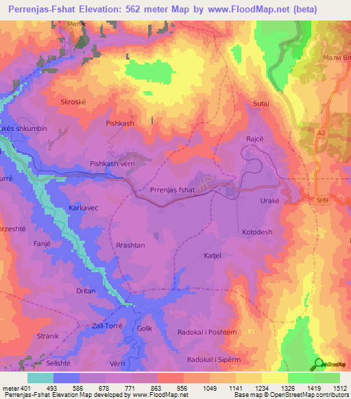 Perrenjas-Fshat,Albania Elevation Map