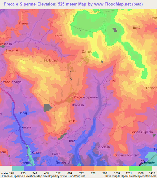 Preca e Siperme,Albania Elevation Map