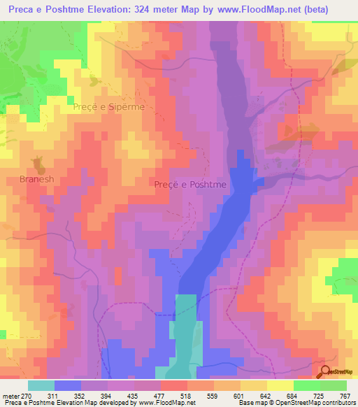 Preca e Poshtme,Albania Elevation Map