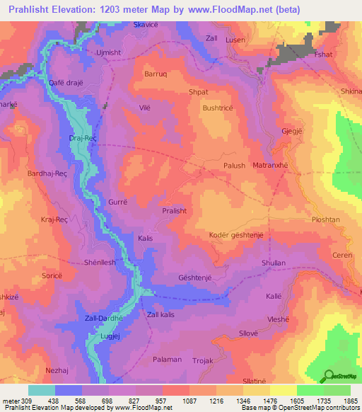 Prahlisht,Albania Elevation Map