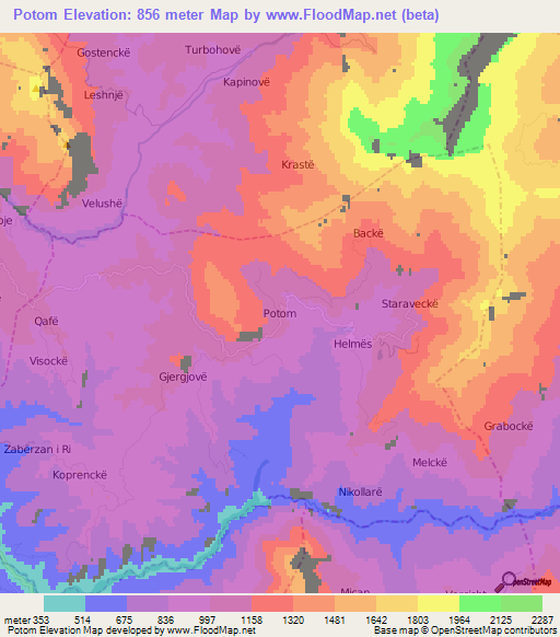 Potom,Albania Elevation Map