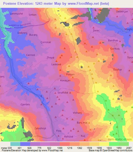 Postene,Albania Elevation Map