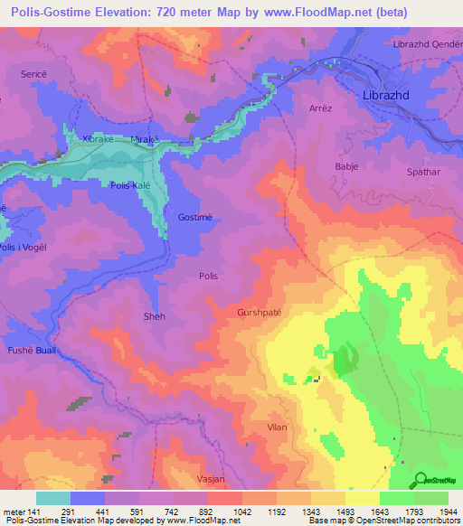 Polis-Gostime,Albania Elevation Map