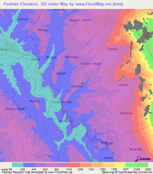 Peshtan,Albania Elevation Map