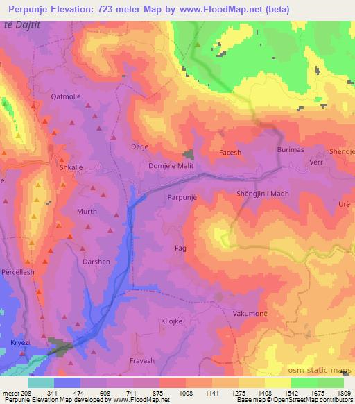 Perpunje,Albania Elevation Map