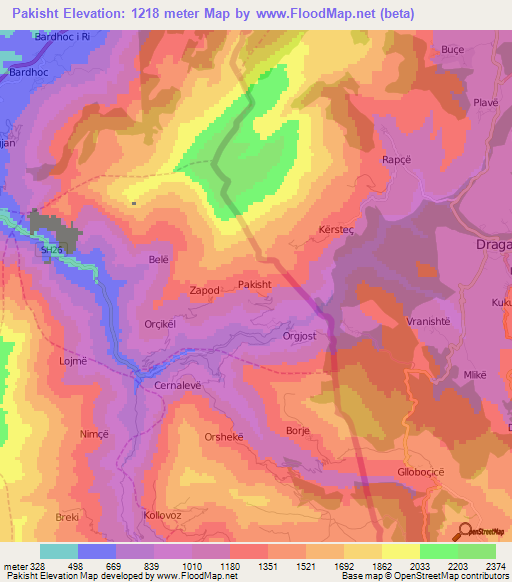 Pakisht,Albania Elevation Map