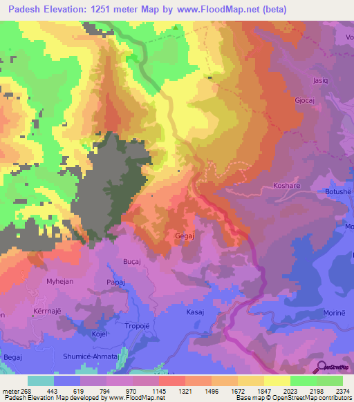 Padesh,Albania Elevation Map