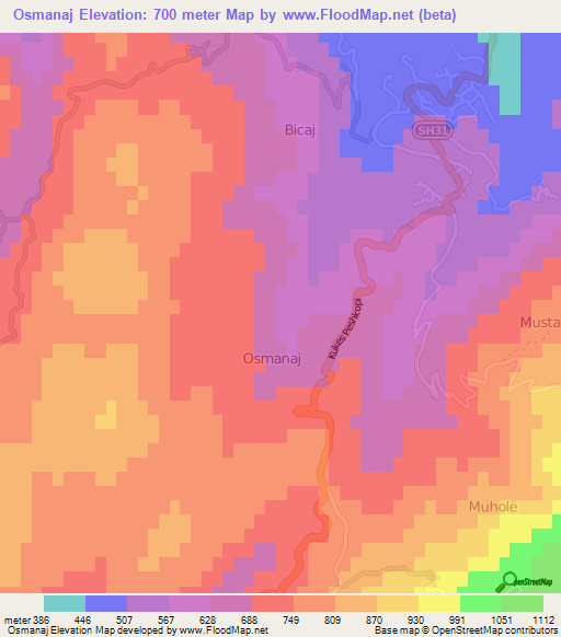 Osmanaj,Albania Elevation Map