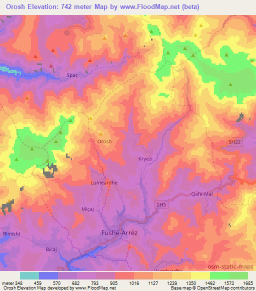 Orosh,Albania Elevation Map