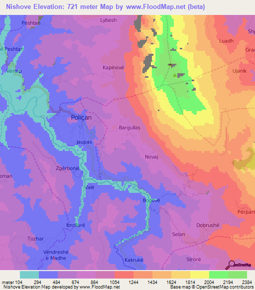 Nishove,Albania Elevation Map