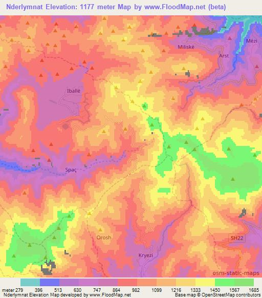 Nderlymnat,Albania Elevation Map