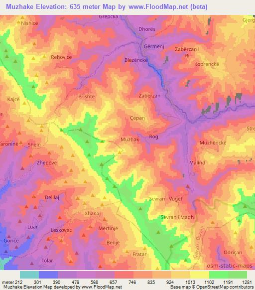 Muzhake,Albania Elevation Map