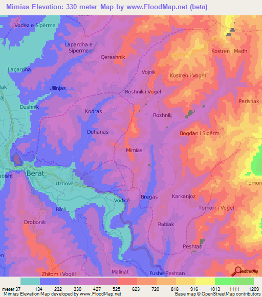 Mimias,Albania Elevation Map