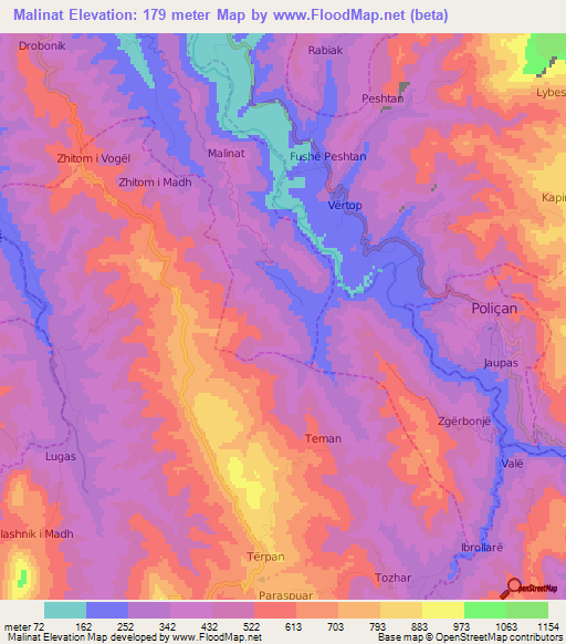 Malinat,Albania Elevation Map