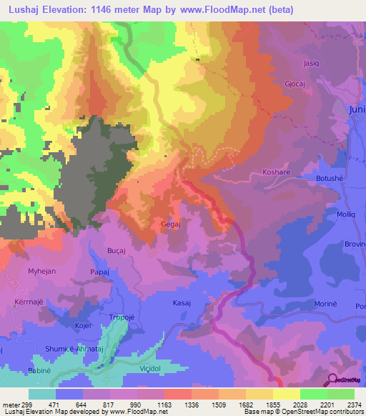 Lushaj,Albania Elevation Map