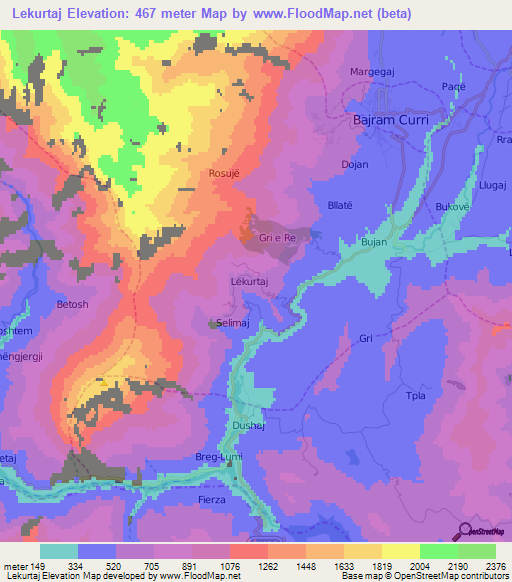 Lekurtaj,Albania Elevation Map