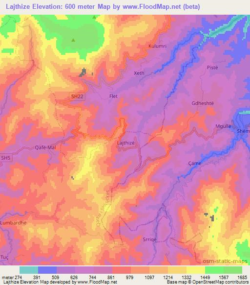 Lajthize,Albania Elevation Map