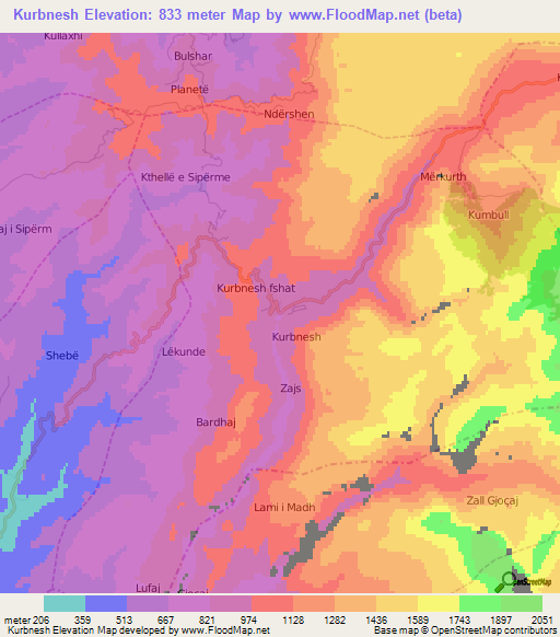 Kurbnesh,Albania Elevation Map
