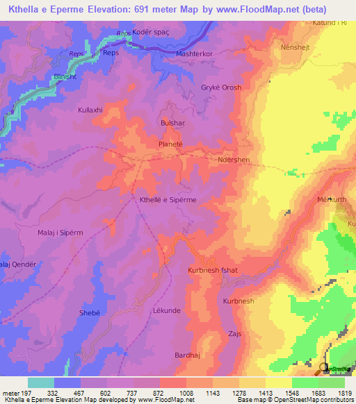 Kthella e Eperme,Albania Elevation Map