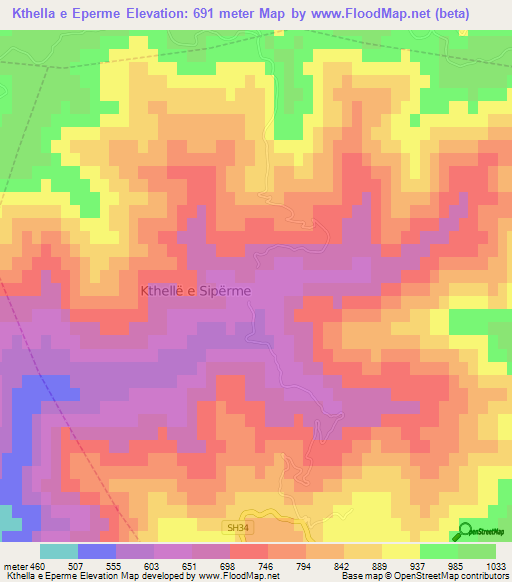 Kthella e Eperme,Albania Elevation Map