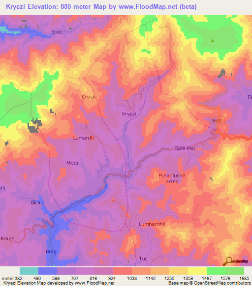 Kryezi,Albania Elevation Map