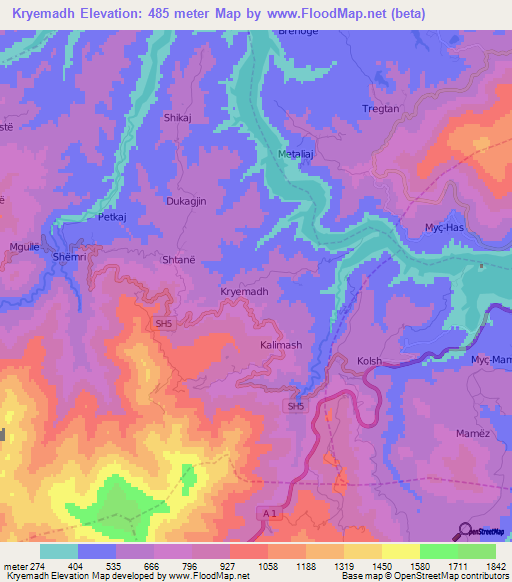 Kryemadh,Albania Elevation Map