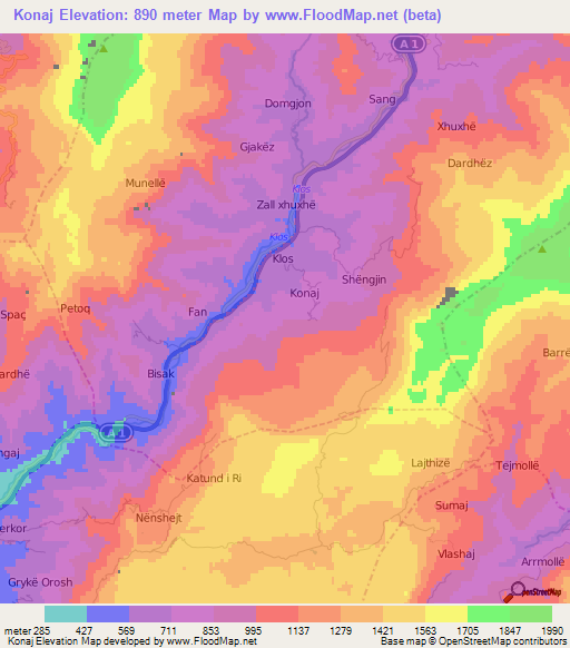 Konaj,Albania Elevation Map