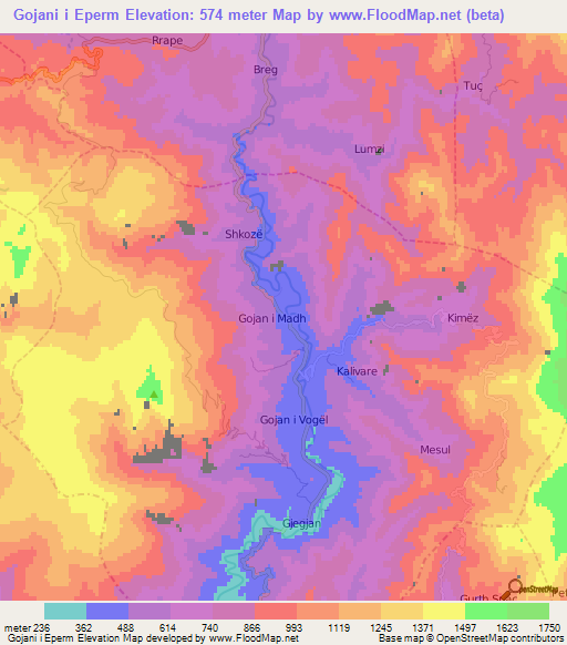 Gojani i Eperm,Albania Elevation Map