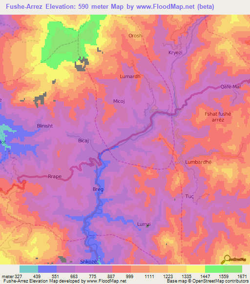 Fushe-Arrez,Albania Elevation Map