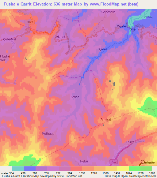 Fusha e Qarrit,Albania Elevation Map