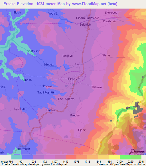 Erseke,Albania Elevation Map