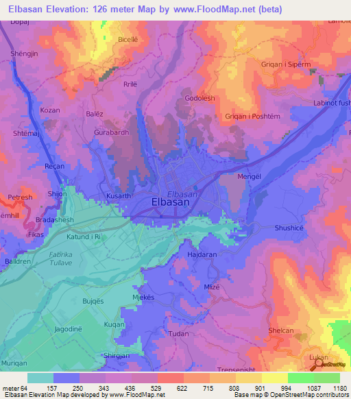 Elbasan,Albania Elevation Map