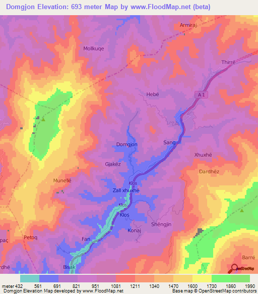 Domgjon,Albania Elevation Map