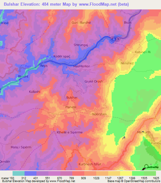 Bulshar,Albania Elevation Map