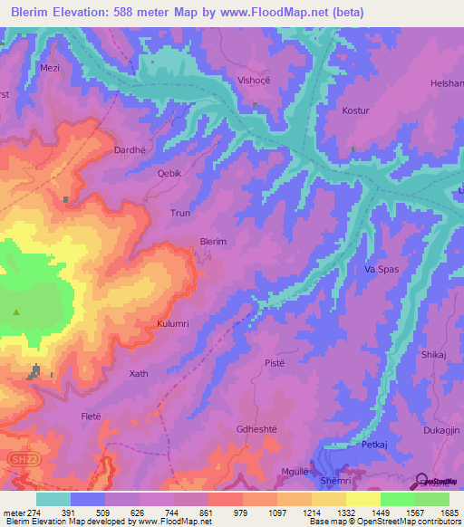 Blerim,Albania Elevation Map