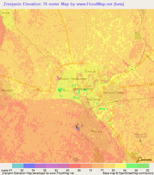 Zrenjanin,Serbia Elevation Map