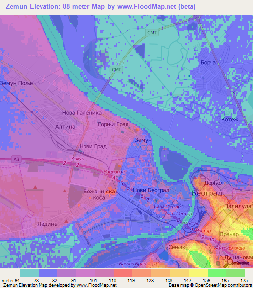 Zemun,Serbia Elevation Map