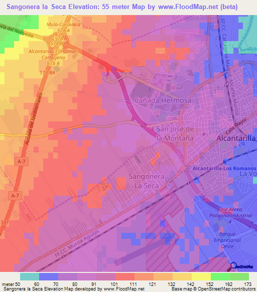 Sangonera la Seca,Spain Elevation Map