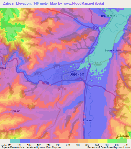 Zajecar,Serbia Elevation Map