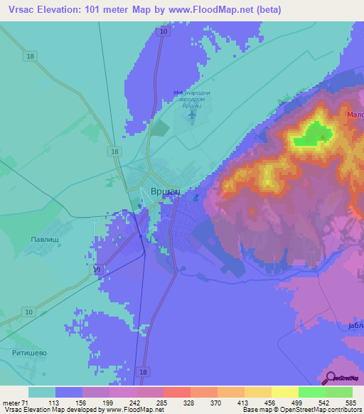 Vrsac,Serbia Elevation Map