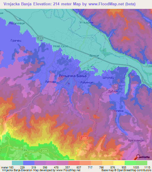 Vrnjacka Banja,Serbia Elevation Map