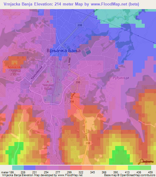 Vrnjacka Banja,Serbia Elevation Map